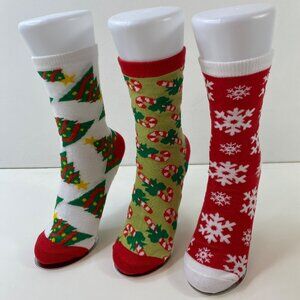 Set 3 Holiday-Themed Crew Socks Fun Christmas Prints Tree Candy Snowflakes